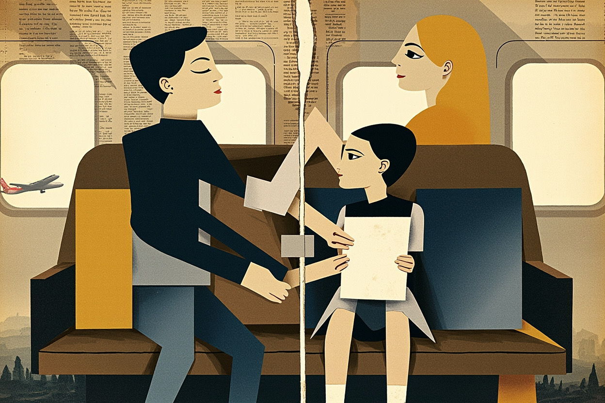 Cubist editorial of split airport seats, a family of angular figures, and a sealed wax stamp over a blank bill