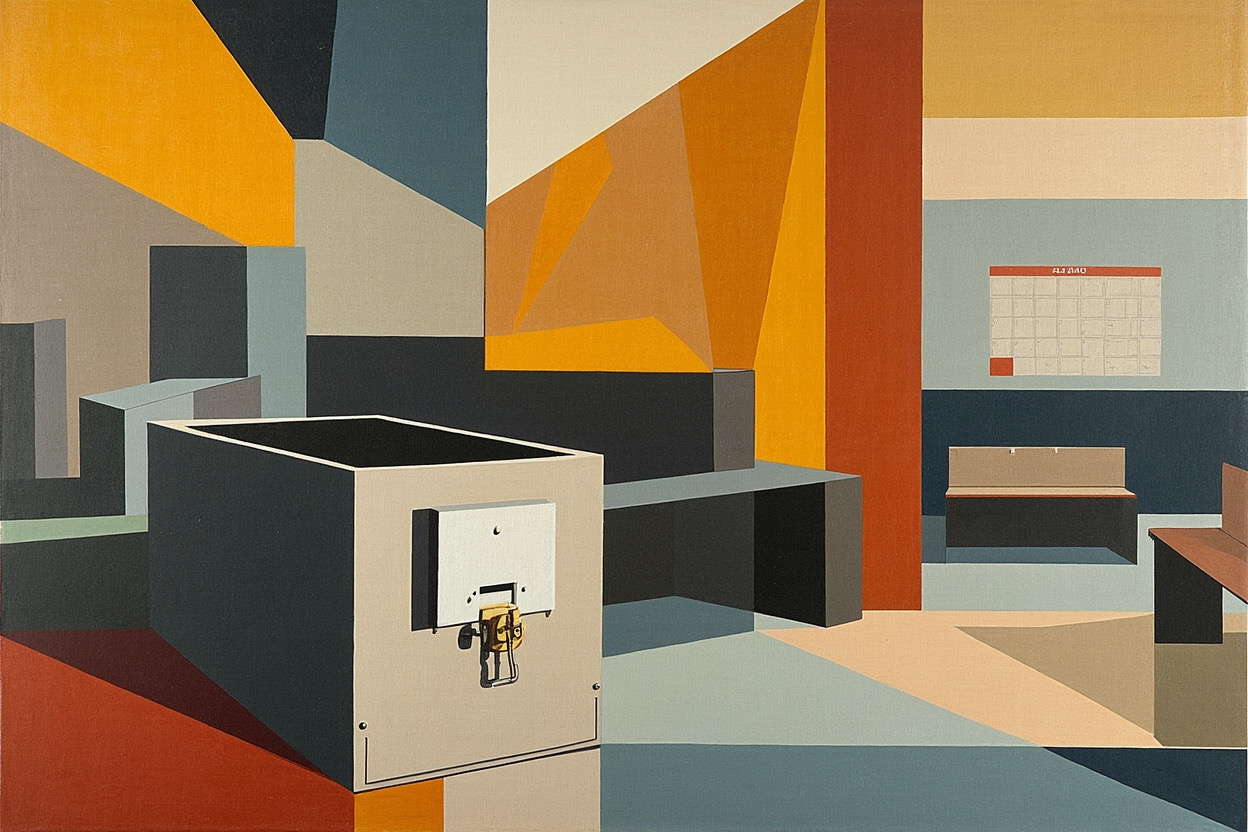 Cubist editorial of a locked pension box, a parliamentary voting lobby, and a distant unmarked calendar