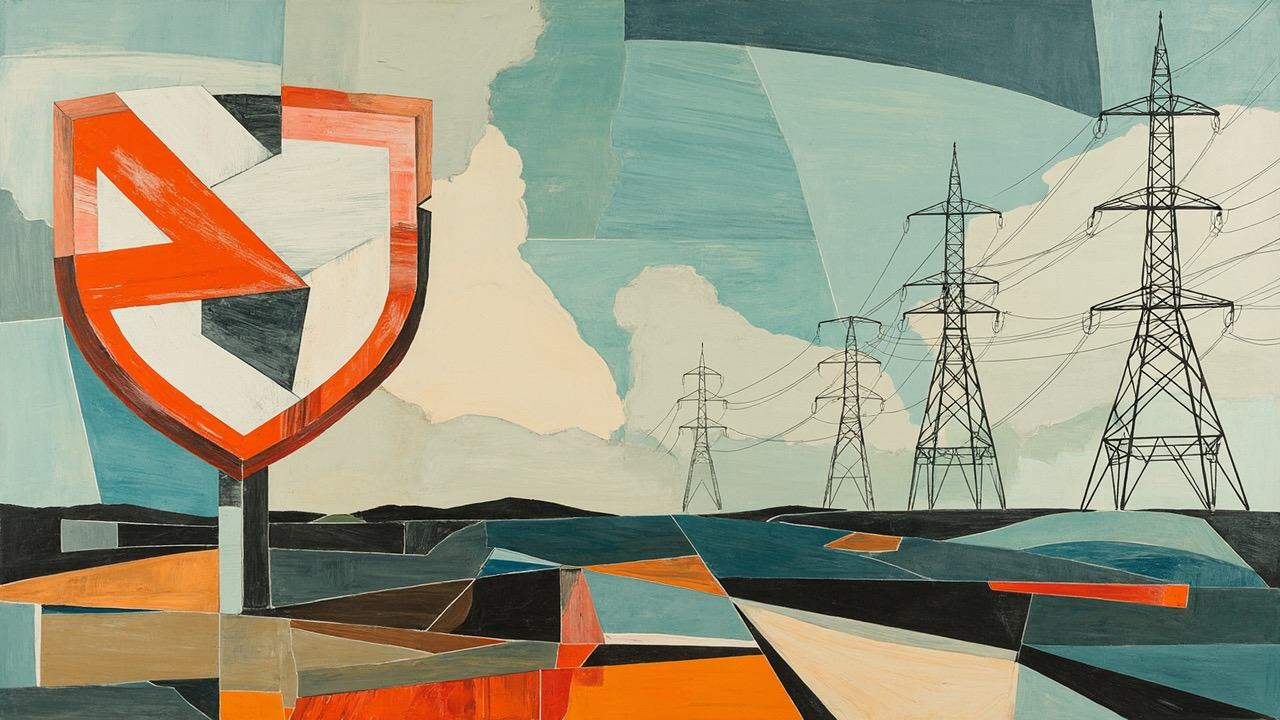 Cubist editorial of a public grid badge, three private pylons, and an empty purse already labelled