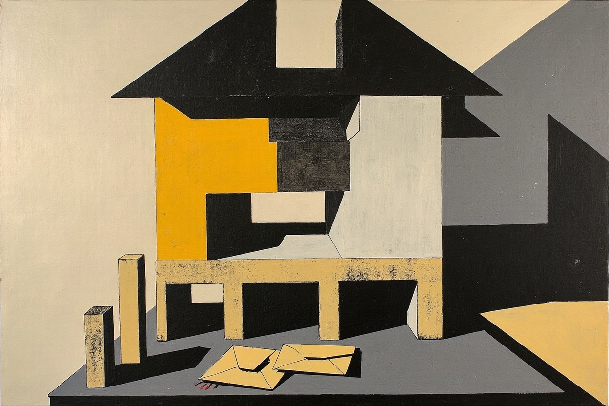 Cubist editorial of a split roof, a workbench, and two overlapping benefit slopes