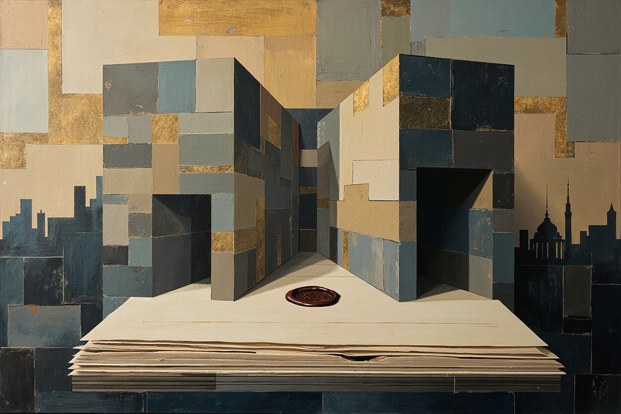 Cubist editorial of two angular buildings leaning into one cracked seal over stacked treaty sheets