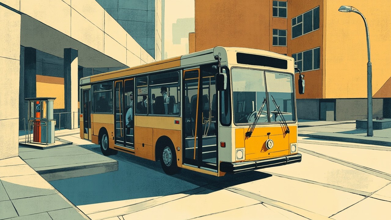 Cubist editorial of a locked bus fare box already shut, with a folded pump-price map placed behind it as a later step