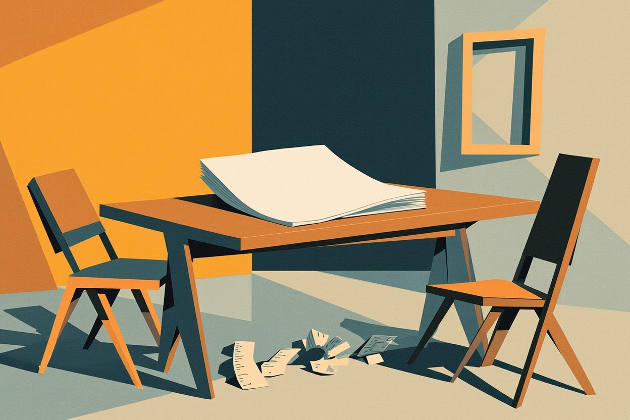 Cubist editorial of a blank folded page on a desk, a broken chain of angular chairs, and an empty frame where a rule would sit
