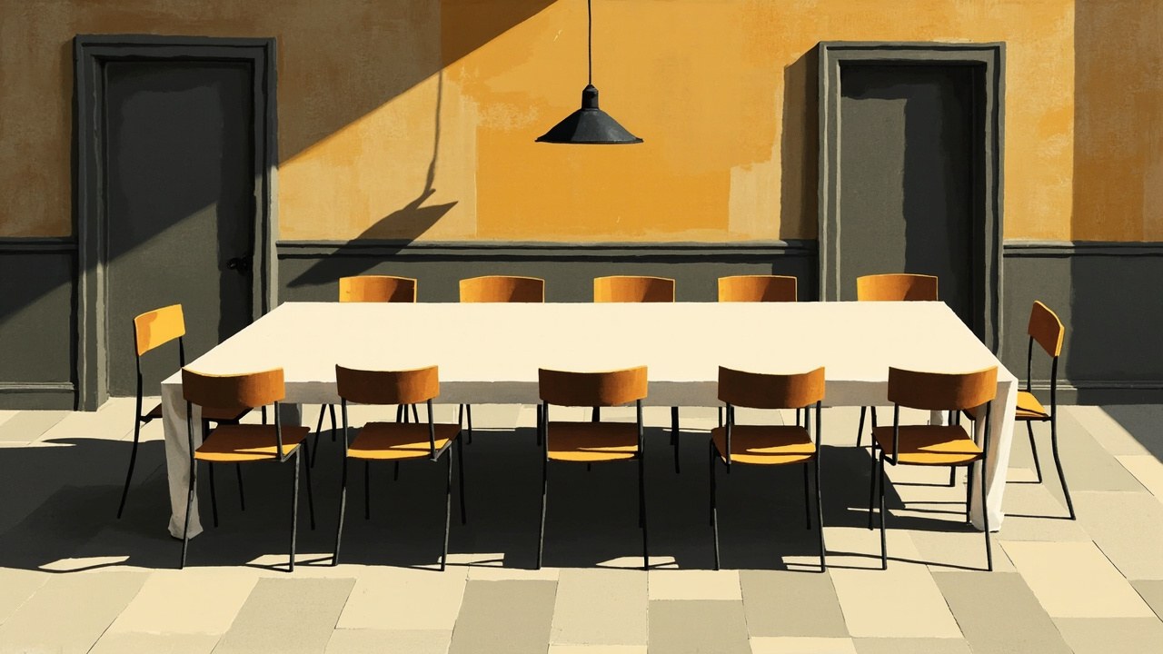 Cubist editorial of a long reception table, empty angular school chairs, and a folded blank sheet under a lamp